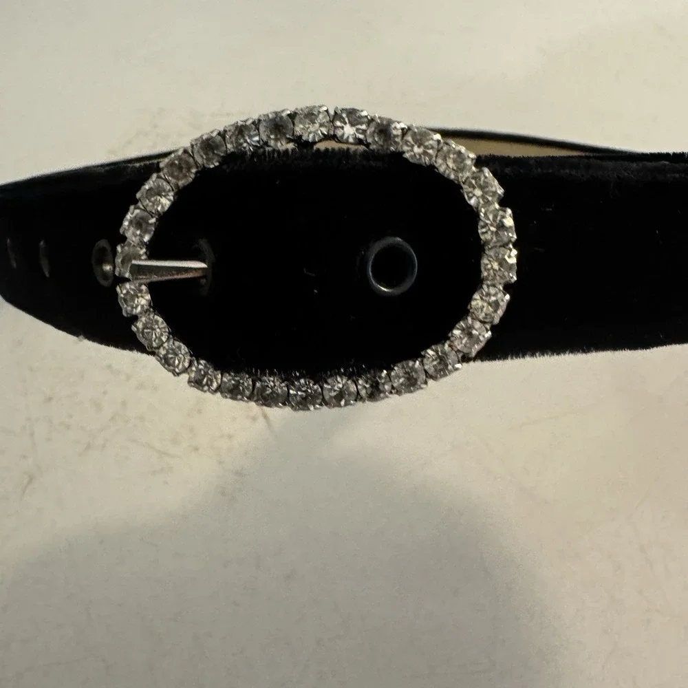 Vintage Belt black velvet with‎ large embellished Rhinestone buckle size S USA